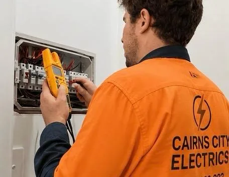 Electrician testing switchboard circuit breakers with a digital clamp meter - Cairns City Electrics, Cairns